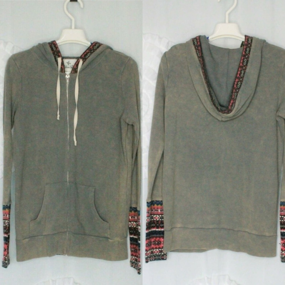 Others Follow Green Gray Hoodie Zip Waffle knit Thermal Fair Isle Trim Size XS